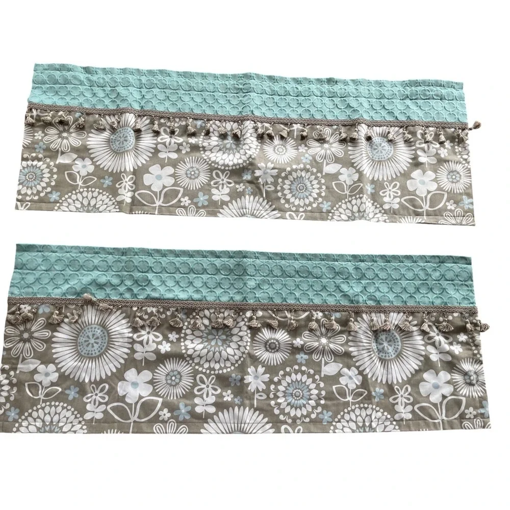 Pair (2) Custom Lined Boho Floral & Aqua Matelasse Beaded Valances 43